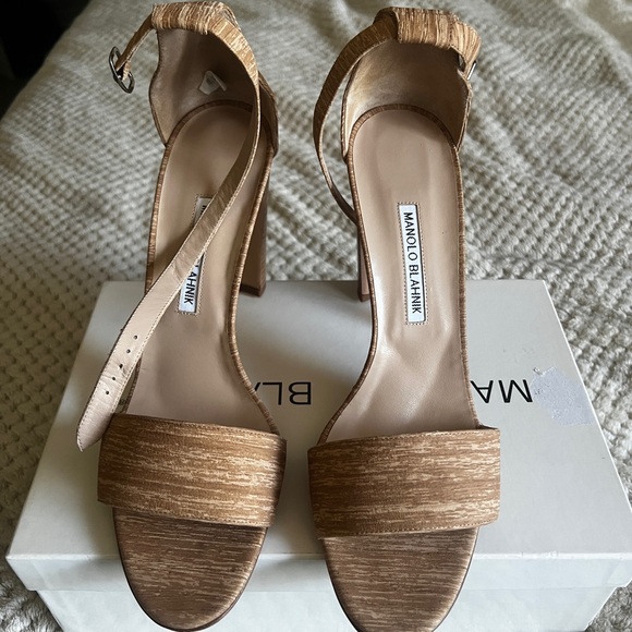 Manolo Blahnik Tan Raffia Block Heel Sandals with Ankle Strap